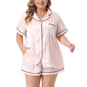Plus Size Pajama Set Short Sleeve Sleepwear Button Down Shorts Set Pink
